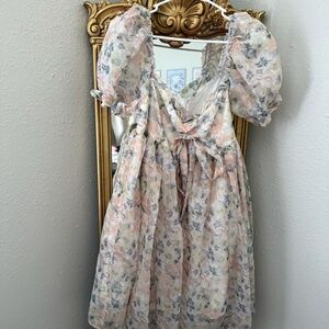 Selkie Style Watercolor Puff Sleeve Midi Dress